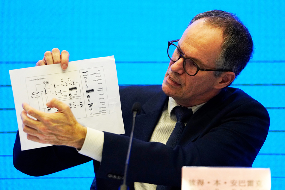 Peter Ben Embarek, Chef des Teams WHO, hält auf eine Grafik, die die Übertragungswege des Coronavirus zeigt.