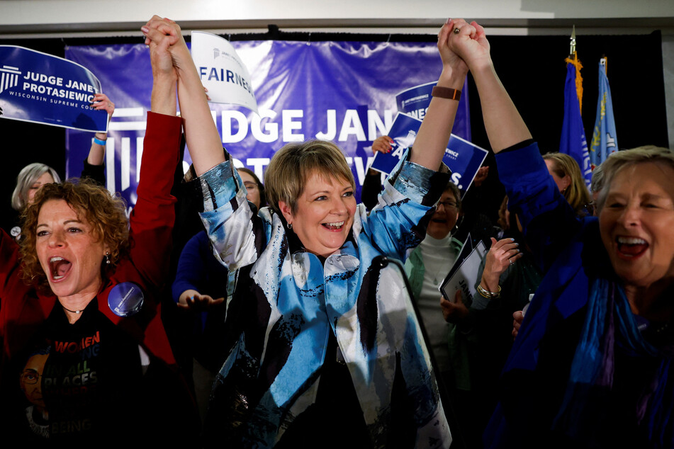 Janet Protasiewicz celebrates her victory alongside liberal Wisconsin Supreme Court Justices Jill Karofsky, Rebecca Dallet, and Ann Walsh Bradley.
