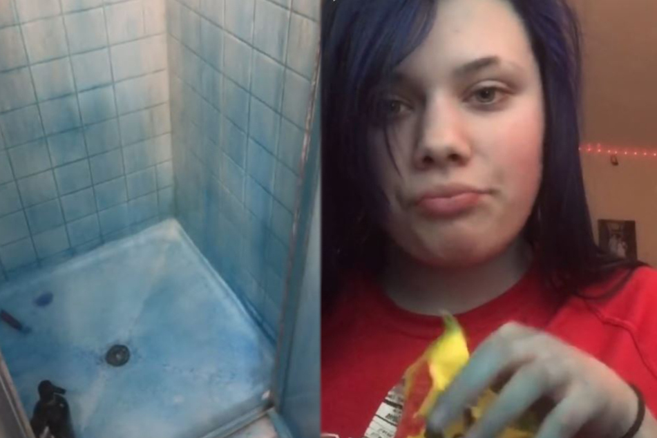 She also accidentally turned the shower blue.