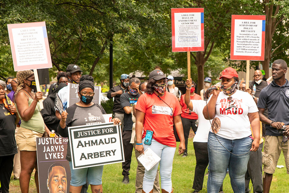 Protesters for the March Against the Myth meet in Atlanta, Georgia to rally against police violence in Black communities on June 27, 2020.