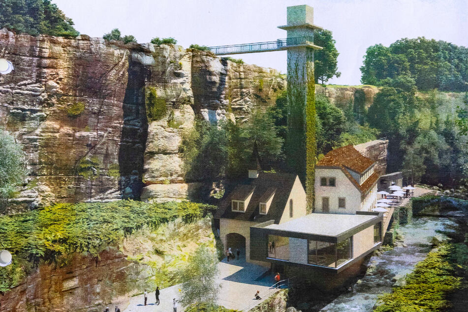 So soll die Mühle als Gasthof mit Fels-Aufzug einmal aussehen.