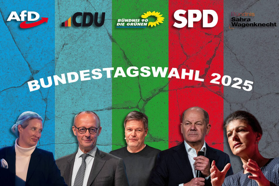 Wer kann am Sonntag der Bundestagswahl seinen Stempel aufdrücken? Wird es (v.l.) Alice Weidel (46, AfD), Friedrich Merz (69, CDU), Robert Habeck (55, Grüne), Olaf Scholz (66, SPD) oder doch Sahra Wagenknecht (55, BSW) sein?