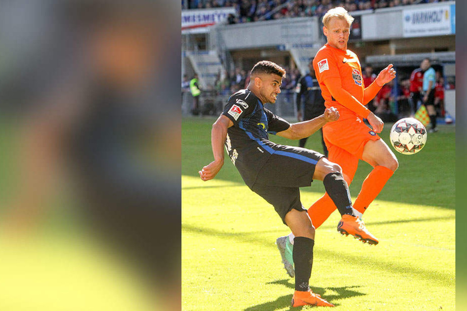 In Paderborn hatte Sören Bertram (r.) immer auf den Ball gerichtet. Hier klärt Mohammed Dräger vor dem FCE-Stürmer.