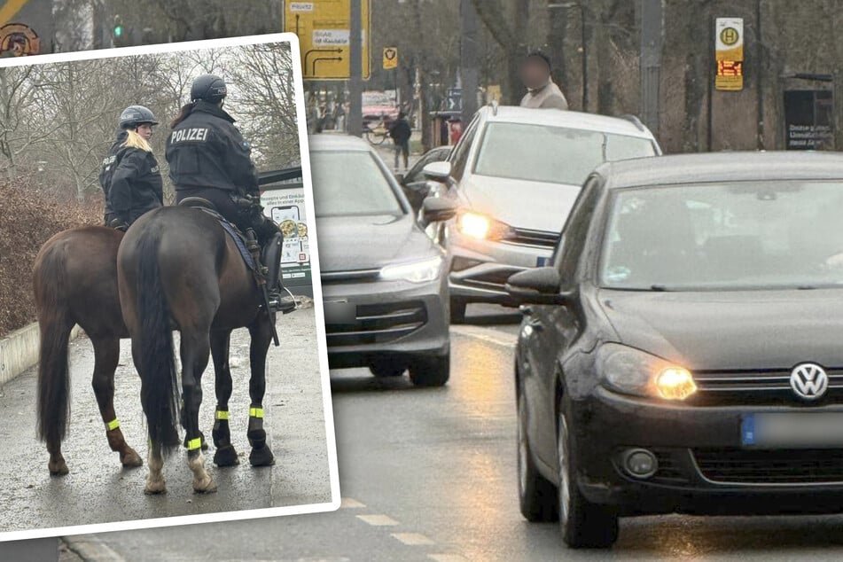 Die Polizei ist heute auch zu Pferd rund ums Stadion unterwegs. Von oben ist der Blick (auch auf Unfälle) natürlich besser.