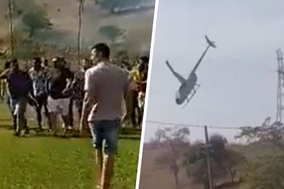 Kurz nachdem der Hubschrauber eine Starkstromleitung touchierte, zerschellte die Maschine auf einem Fußballfeld.