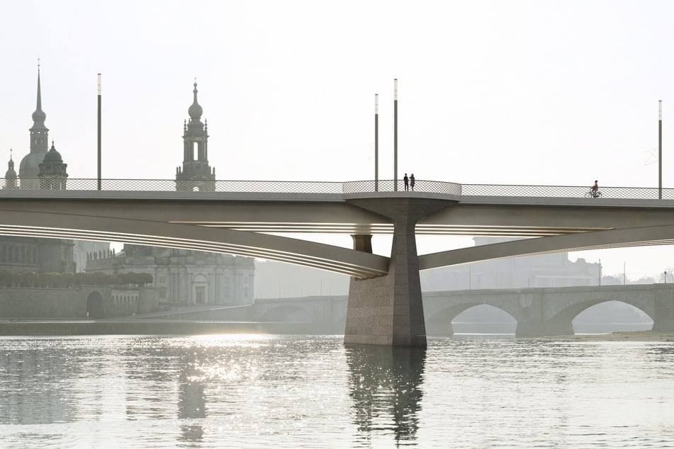 Der viertplatzierte Entwurf greift Motive der alten Carolabrücke wie Bögen und Aussichtsplattformen ("Stadtbalkone") auf.