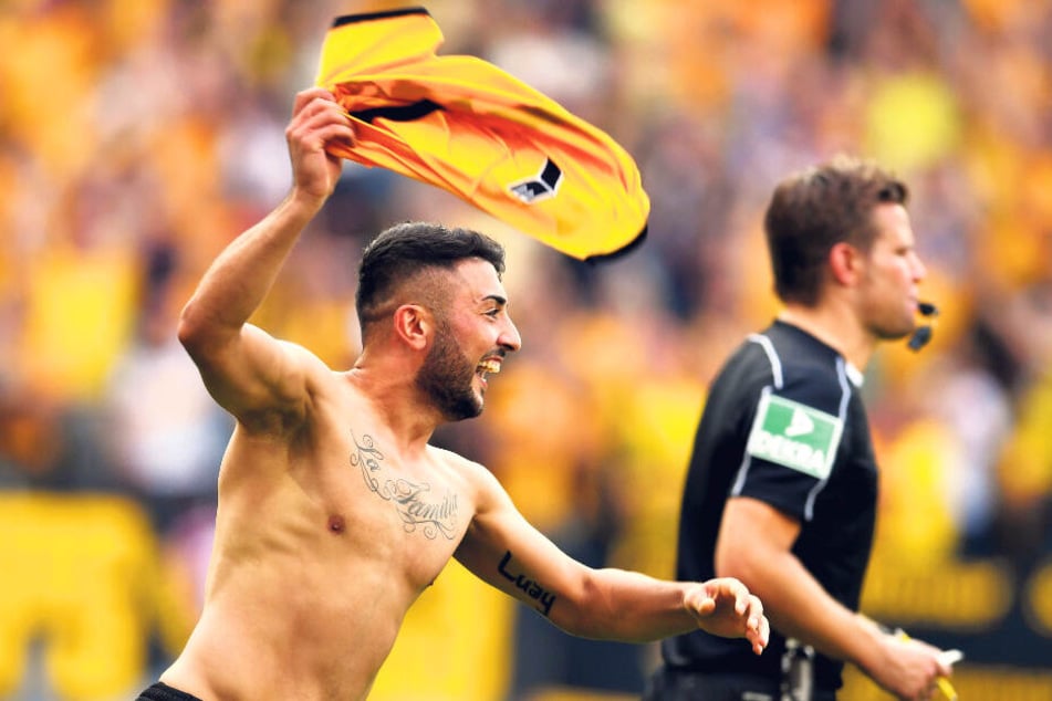 Vier Jahre trug Aias Aosman das Dynamo-Trikot - oder zog es wie hier nach seinem Siegtor gegen RB Leipzig auch mal aus.