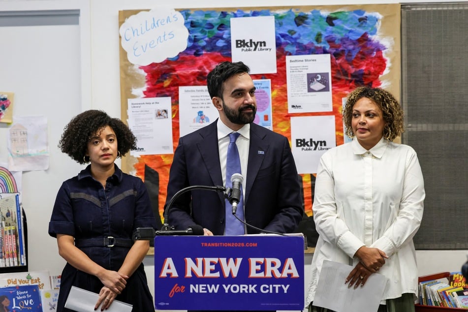 New York City Mayor-elect Zohran Mamdani (c.) announces his appointments of Jahmila Edwards (r.) and Catherine Almonte Da Costa (l.) in a press conference on December 17, 2025.