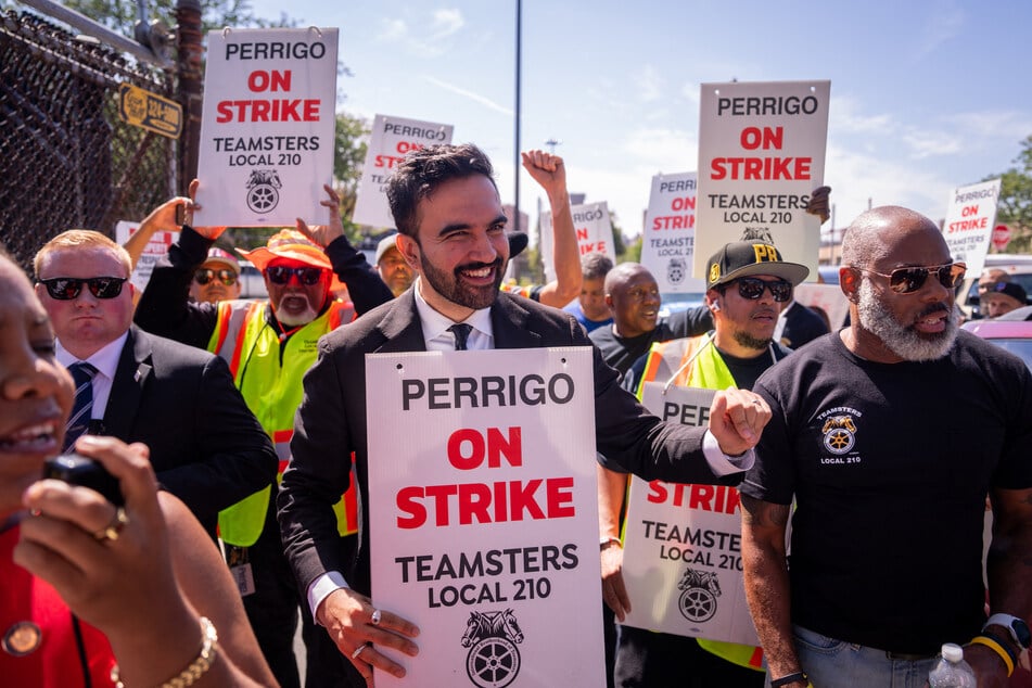 New York City Mayoral candidate Zohran Mamdani joins members of Teamsters Local 210 as they strike for a better contract outside of Perrigo Company in New York City on September 15, 2025.