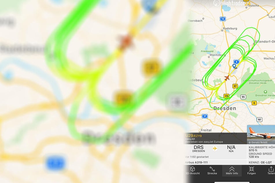 Zu Start-und Landeübugen ist eine EasyJet-Maschine über Dresden unterwegs.