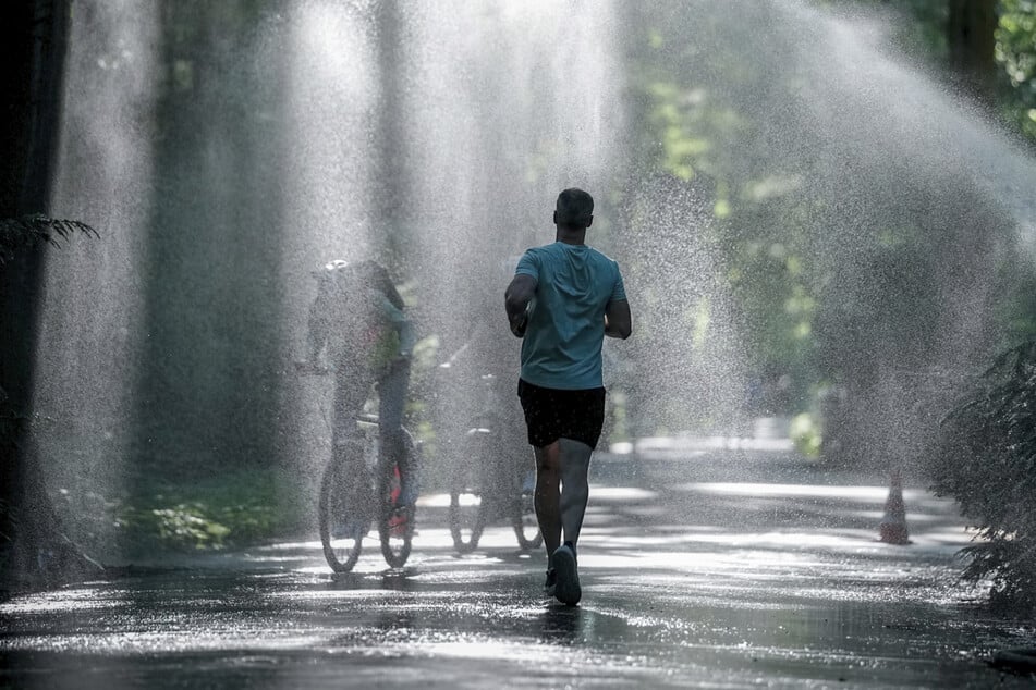 Im Tiergarten bietet der Rasensprenger kurz etwas Abkühlung.