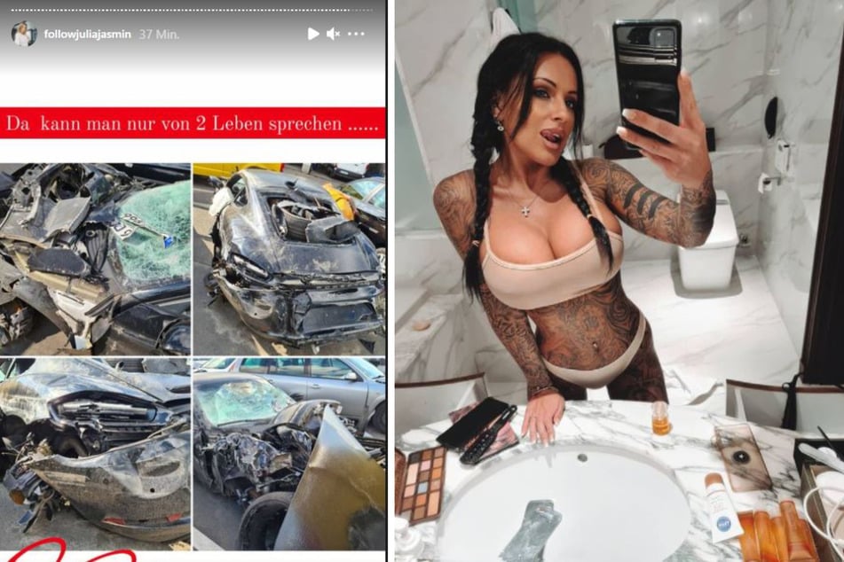 Julia Jasmin Rühle (34) zeigt auf Instagram, was von ihrem Porsche 718 Cayman nach dem Unfall übrig blieb.