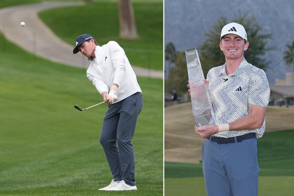 Nick Dunlap holds his championship trophy after the final round of The American Express golf tournament at PGA West Stadium Course.