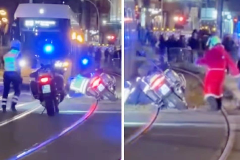 Berlin: Kuriose Szenen in Berlin: Polizist fällt vom Motorrad, Weihnachtsmann hilft