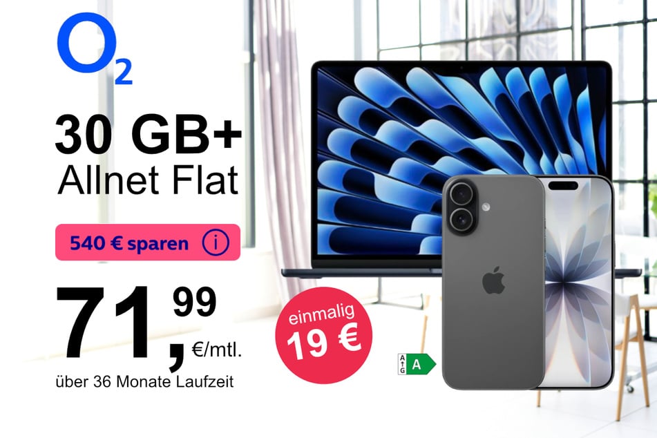 Das iPhone 17 (256GB) in Schwarz mit MacBook Air 13 (M4, 256 GB)  im Bundle exklusiv für nur 19 Euro bei o2.