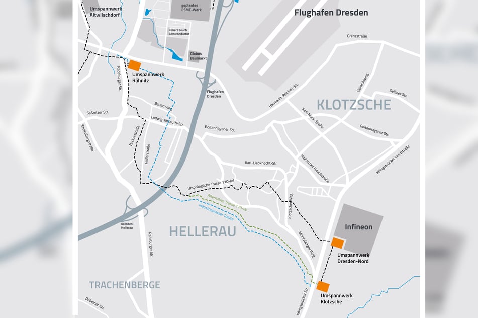 Die Grafik zeigt den ursprünglichen und neuen Trassenverlauf.