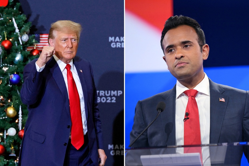 Vivek Ramaswamy (r.) said he will remove himself from Colorado's 2024 primary ballot if a state Supreme Court ruling to bar Donald Trump goes through.
