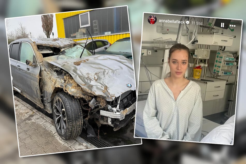 In ihrem Instagram-Auftritt zeigt Annabella Fleck (27) sich selbst und das Wrack ihres Autos nach dem A8-Unfall.