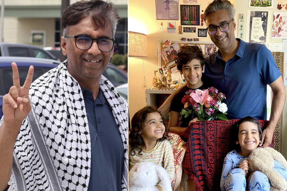 Dr. Badar Khan Suri is reunited with his three children following his release from the Prairieland Detention Center in Alvarado, Texas.