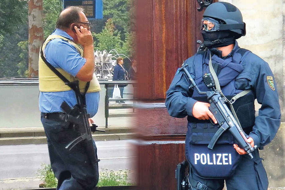 Morgens an vorderster Front im Antiterrorkampf - Revierbeamter mit Uralt-Weste, die im Ernstfall nicht wirklich schützt (li.). Erst sieben Stunden nach dem Terroralarm im Einsatz: Spezialbeamter mit modernster Schutzausrüstung (re.).