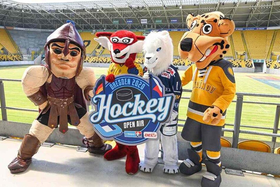 Die Maskottchen von (v.l.) Sparta Prag, Lausitzer Füchsen, Eislöwen und Verva Litvinov machten gestern Werbung für den 4. Januar.