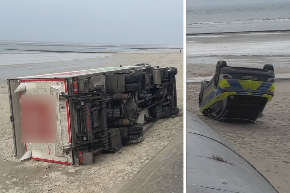 Lastwagen rutscht von Promenade, kurz darauf liegt ein Polizeiauto kopfüber am Strand