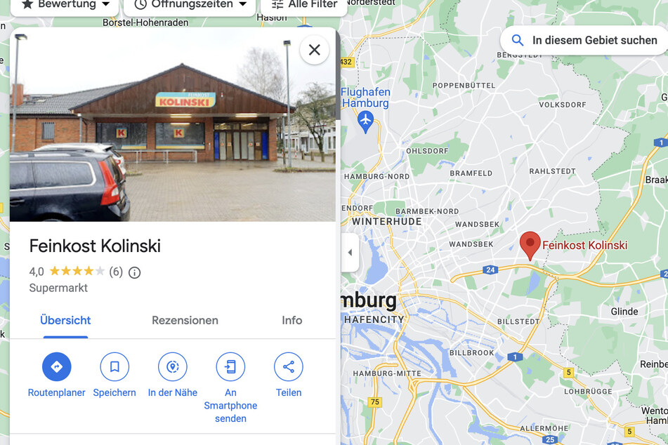 Der neue Standort des fiktiven Drehortes "Feinkost Kolinski" im Stadtteil Jenfeld. Auch Bewertungen haben die Fans der Serie "Die Discounter" für den Standort ab.