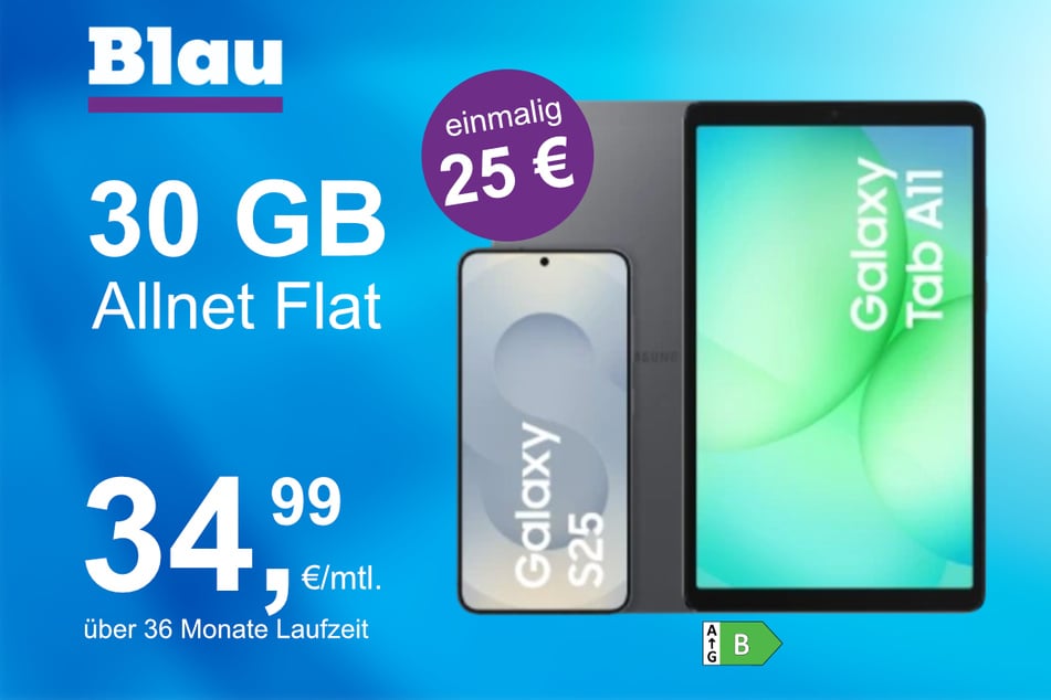 Das Samsung Galaxy S25 mit gratis Tab A11 im Blau Allnet L für einmalig 25 Euro.