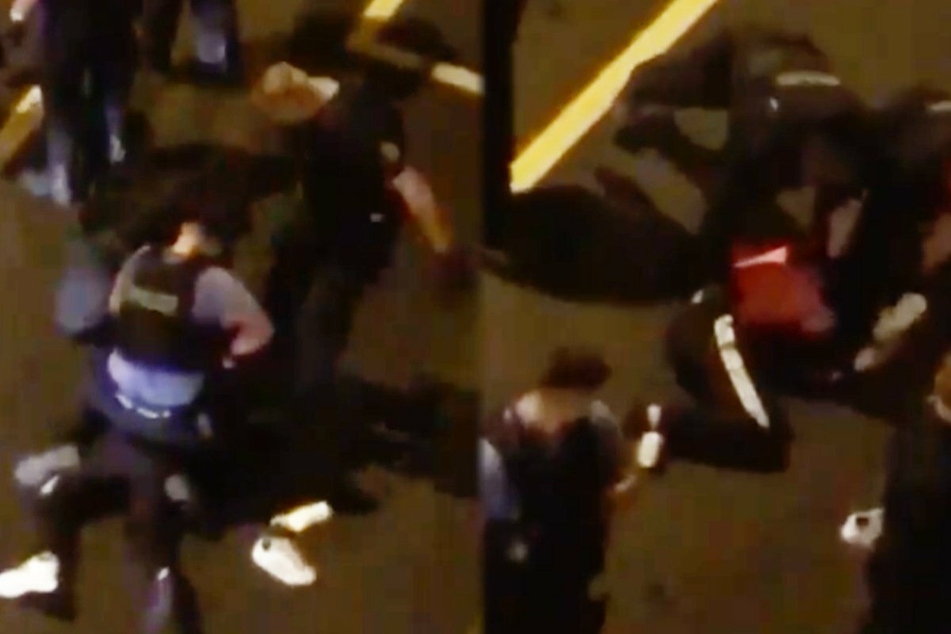 Die Montage zeigt zwei Screenshots aus dem fraglichen Video-Clip. Links ist zu sehen, wie ein stehender Polizist zutritt, rechts wie ein Beamter mit dem Knie ausholt, um auf eine liegende Person einzutreten.