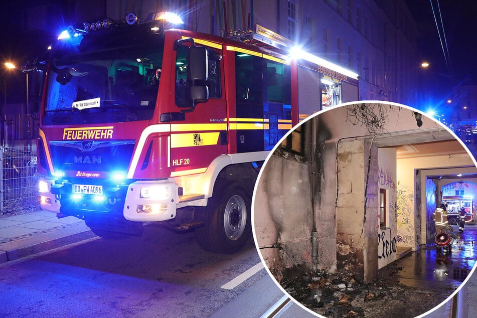 Dresden: Feuer in der Neustadt: Altpapiertonne fackelt in Hinterhof ab