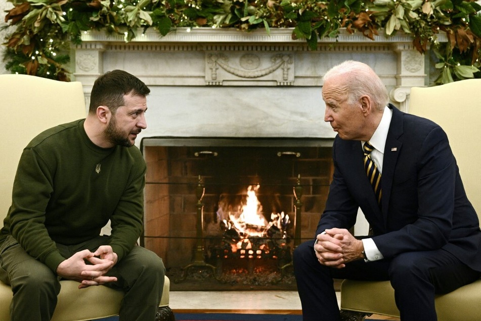 US President Joe Biden and Ukraine's President Volodymyr Zelensky meet in the Oval Office of the White House on December 21, 2022.