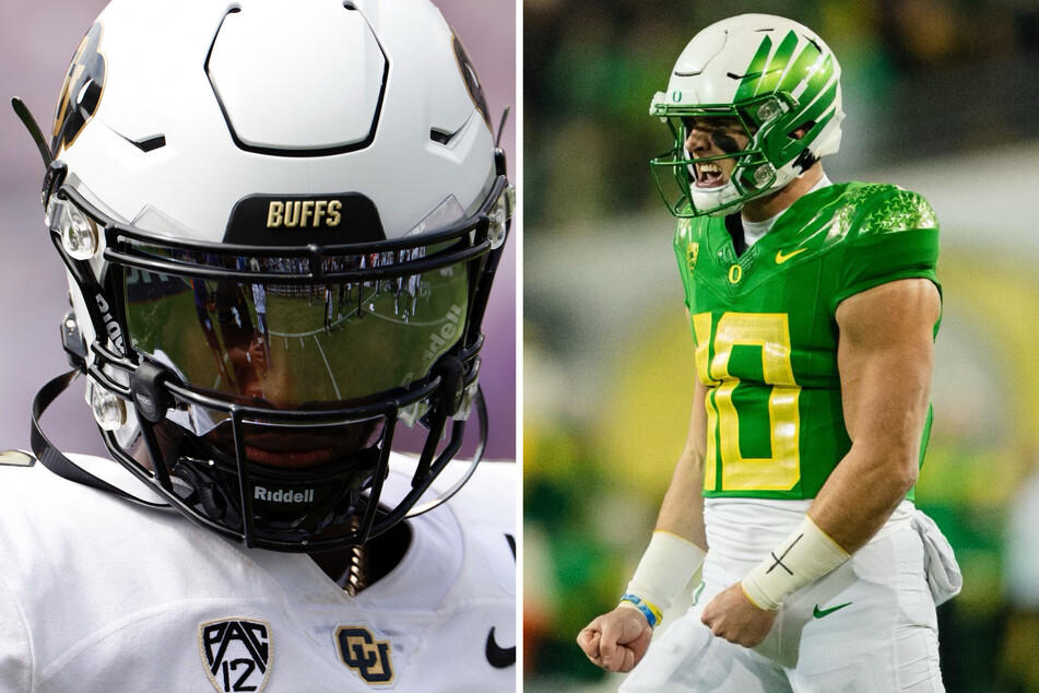 Colorado's Shedeur Sanders (l.) leads in the Heisman race over Oregon's quarterback Bo Nix, but the Ducks are the favorites in Saturday's match.