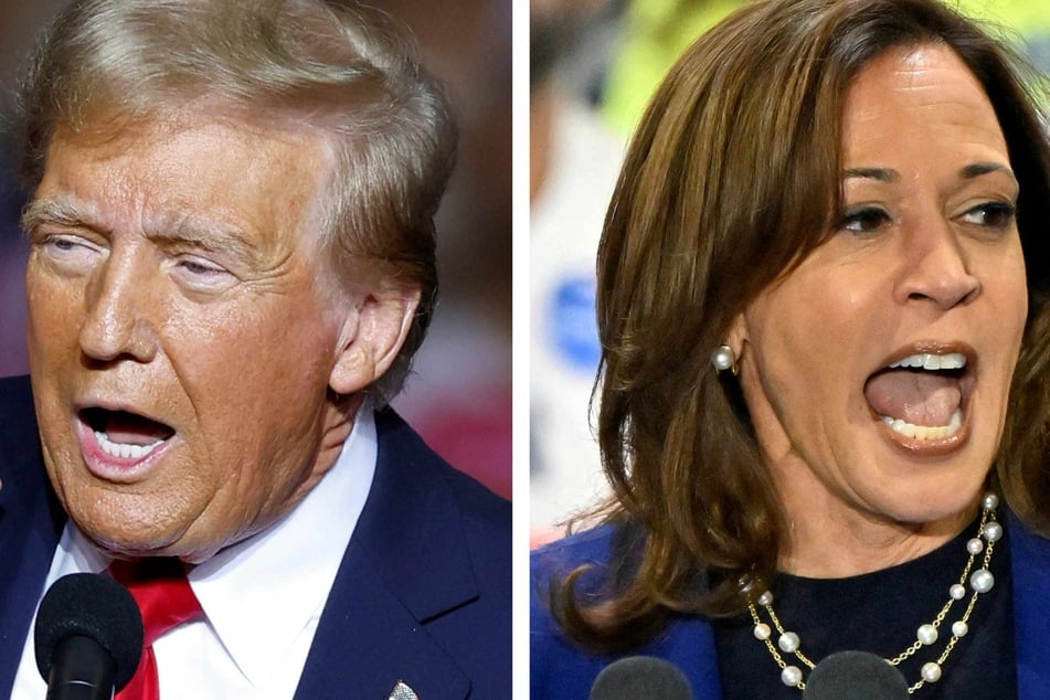 Dozens of Facebook groups bill themselves as Kamala Harris (r.) fan pages but promote her rival Donald Trump (l.) in what researchers call a "bait-and-switch" tactic.