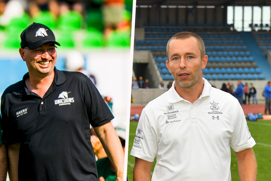 Unicorns-Sportdirektor Siegfried Gehrke (58, l.) und Monarchs-Geschäftsführer Jörg Dreßler (48, r.) schieben sich die Favoritenrolle gegenseitig zu.