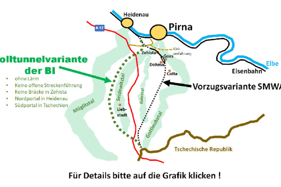 Zwei bislang bevorzugte Varianten. Links die der Bürgerinitiative, rechts die des sächsischen Wirtschaftsministeriums. In der Mitte die A 17.