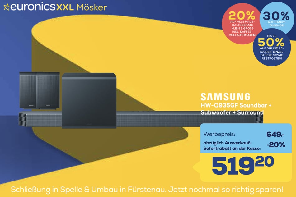 Samsung-Soundsystem HW-Q935GF
für 519,20 statt 649 Euro.