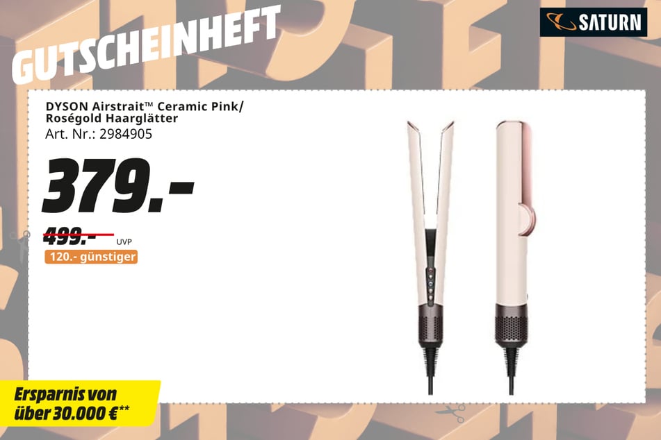 Dyson-Haarglätter Airstrait Ceramic (Pink/Roségold) für 379 statt 499 Euro.