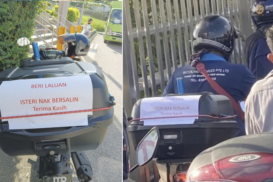 Ein Mann war in Malaysia mit diesem Zettel, der an seinem Motorrad befestigt war, unterwegs. Grund war die Geburt seines sechsten Kindes.