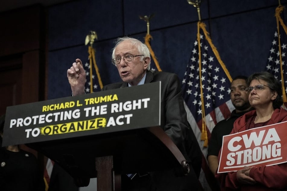 Senator Bernie Sanders speaks during a news conference to introduce the Richard L. Trumka Protecting the Right to Organize Act on February 28, 2023.