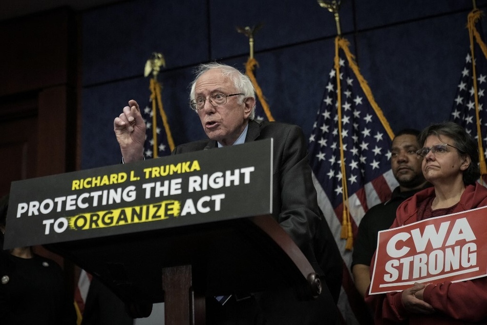 Senator Bernie Sanders speaks during a news conference to introduce the Richard L. Trumka Protecting the Right to Organize Act on February 28, 2023.