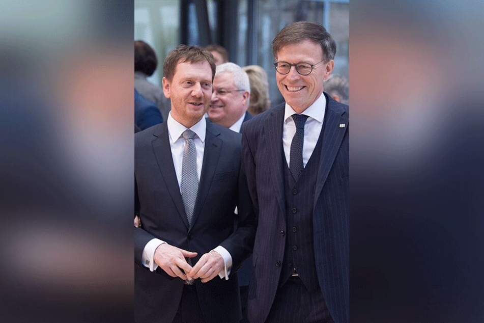 Beim Thema WerteUnion eher nicht auf einer Linie: Michael Kretschmer (44, l.) mit Landtagspräsident Matthias Rößler (64, beide CDU).