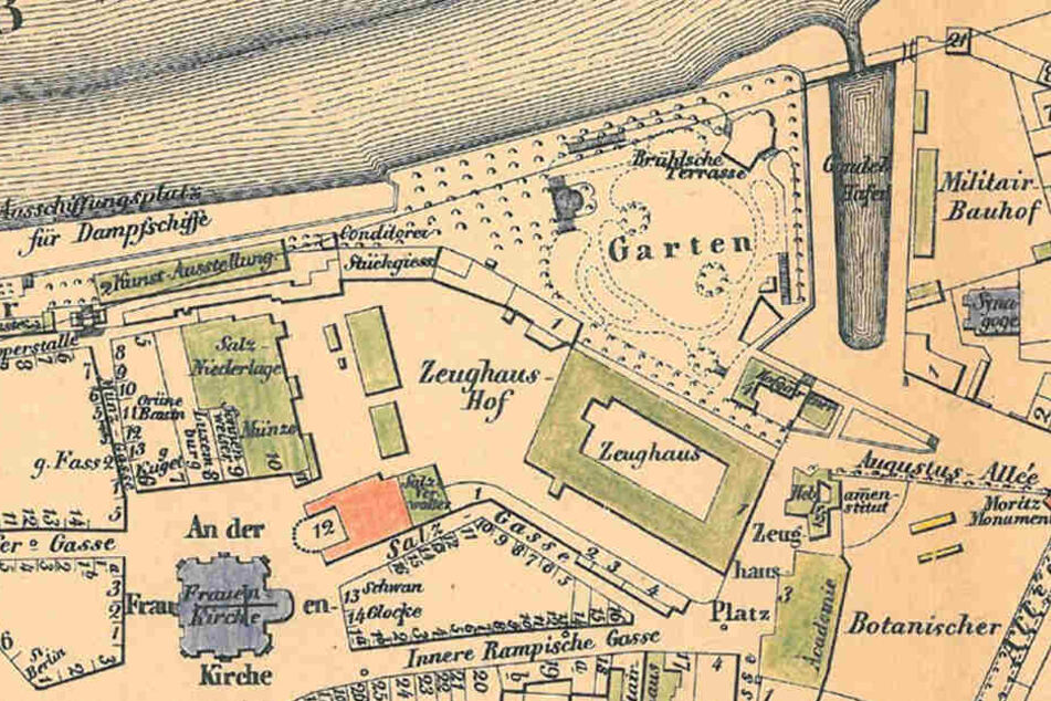 Der Stadtplan von 1849 zeigt noch die Lage des Gondelhafens an der Brühlschen Terrasse.