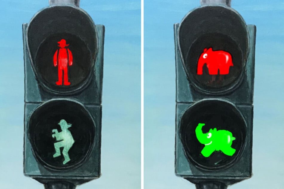 So stellt sich Otto Waalkes die Ampel vor: links die Version mit Otto als Comic-Figur, rechts der Ottifant.