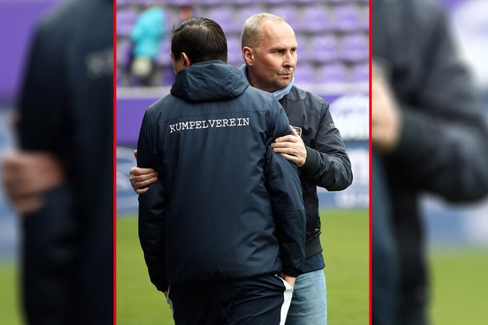FCE-Boss Helge Leonhardt (r.) nimmt Trainer Daniel Meyer in den Arm. Personaldebatten sollten jetzt als Allerletztes geführt werden.