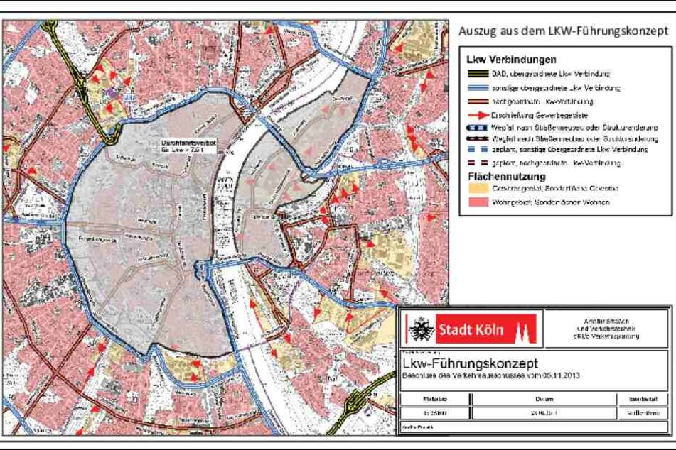 In der markierten Zone ist eine Durchfahrt für Lastwagen verboten.