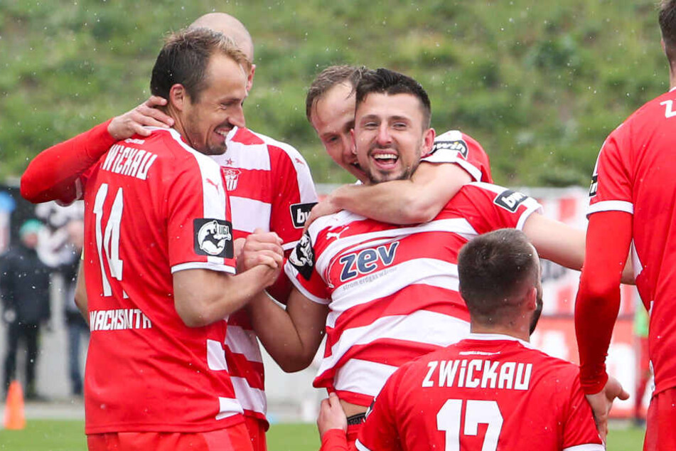 Tor für Zwickau, Zwickauer Spieler bejubeln den Treffer zum 3:1.