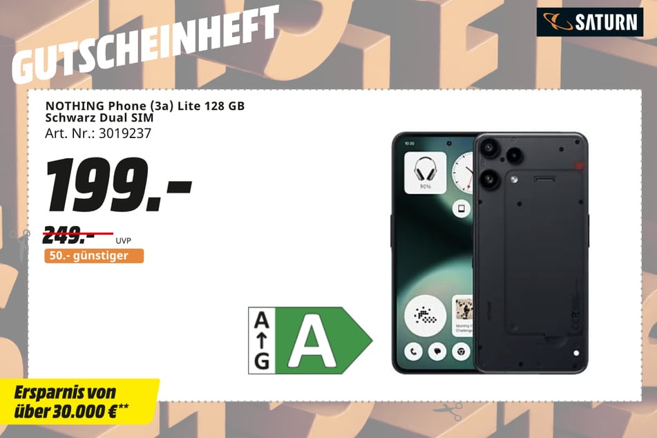 Nothing Phone (3a) Lite (128 GB, Schwarz) für 199 statt 249 Euro.