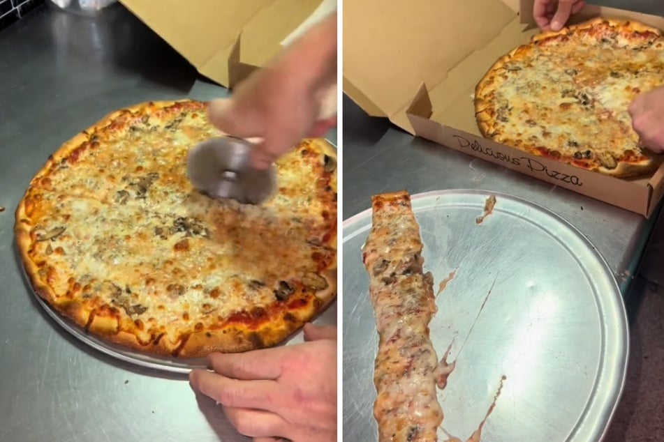 Mit geübten Händen schneidet der Pizzabäcker die Pizza in DREI Teile. Das Mittelstück wird der Kunde nie erhalten.
