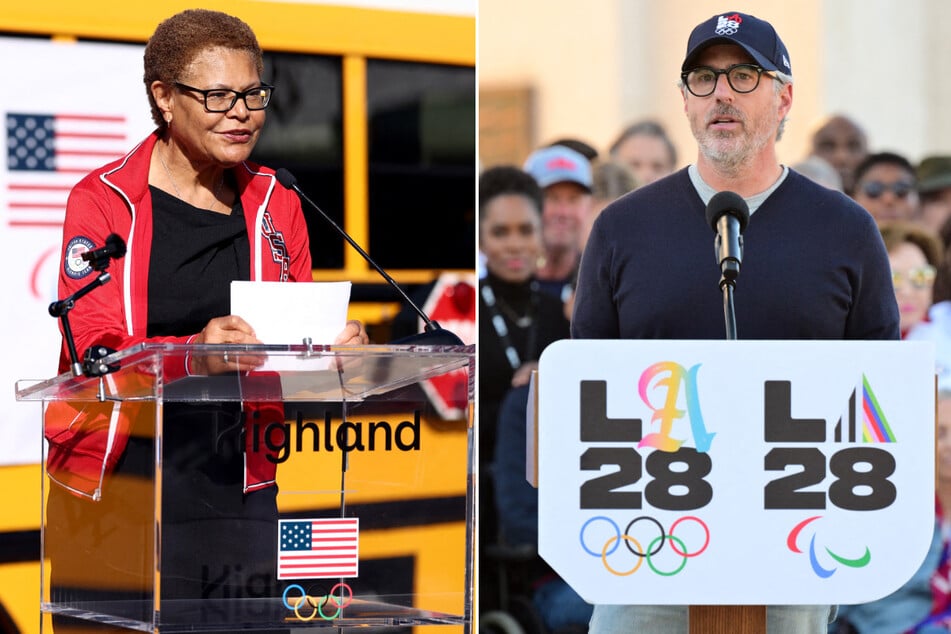 Mayor Karen Bass (l.) has called on Casey Wasserman to resign as chair of the Los Angeles Organizing Committee for the 2028 Olympic and Paralympic Games.
