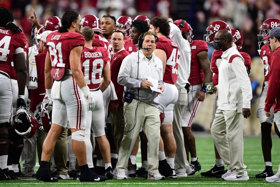 Head coach Nick Saban of the Alabama Crimson Tide look on against the rival Georgia Bulldogs during the 2022 CFP National Championship Game at Lucas Oil Stadium.